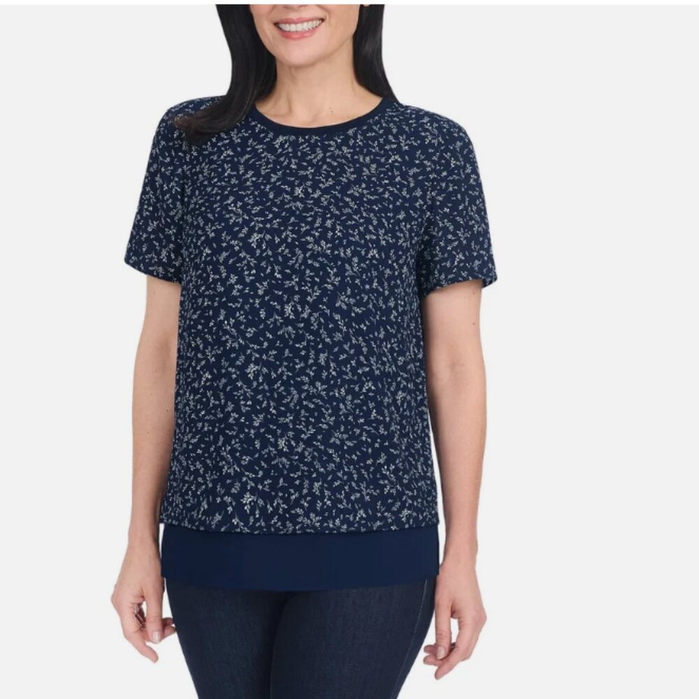 Hilary Radley Women's Short Sleeve Blouse Navy S